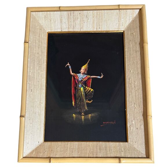 Vintage Gouache Original Painting Thai Dancer Signed Marken 17x12" Framed Art - Picture 1 of 11